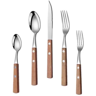 HIAKDOFT Edelstahl Besteckset mit Ergonomischem Holzgriff Teiliges Buffet Besteck für Party und Restaurant Leichtes Pflegeleichtes Servierbesteck mit Messer Gabel Löffel Teelöffel Teegabel