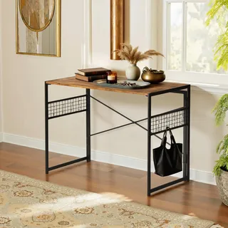 FurnitureR Beistelltisch Klappbar 100x50cm - Retro Braun mit Industriemetal & Haken, ultraflach (5,5cm) für Sofa/Bett