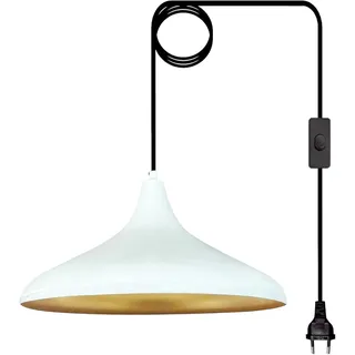 bamyum Champion Hängelampe Weiß mit EU Stecker 35 cm, Pendelleuchte, Hängeleuchte Metall mit 450cm Kabel Schalter, Steckdosenlampe, Küchenlampe