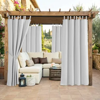 Clothink Outdoor Vorhänge Wasserfest Sonnenschutz Winddicht mit Klettband Oben für Terrasse Garten Balkon Familienhaushalte einfache Montage farbecht haltbar(132x245cm, 1 Stück, Grau-Weiß)