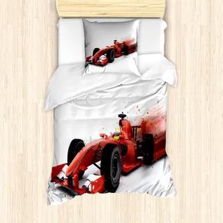 ABAKUHAUS Autos Mantele, Formel Autorennen Entwurf, Milbensicher Allergiker geeignet mit Kissenbezügen, 135 cm x 200 cm - 80 x 80 cm, Schwarz und Rot - Schwarz, Rot