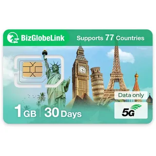 EIOTCLUB Prepaid SIM für Reisen, BizGlobeLink SIM-Karte Internationale Nutzung in 77+ Ländern, nur Daten, 5G/4G LTE, ohne Vertrag, nachfüllbar, für Handys, WLAN-Router & Tablets.