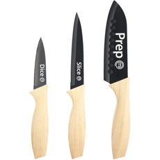 MasterChef Küchenmesser Set, Messerset ink. Kochmesser, Gemüsemesser & Schälmesser, Scharfe Messer Edelstahl, Antihaftbeschichtete, Soft-Touch-Griffe in Holzoptik, 3-teilig, Black