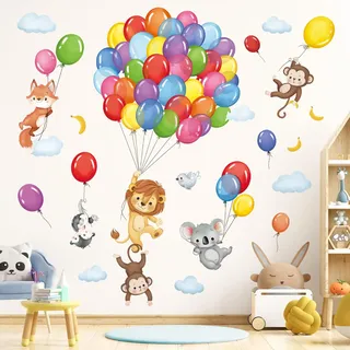 decalmile Wandtattoo Waldtiere Luftballon Wandaufkleber Affe Löwe Koala Wandsticker Junge Kinderzimmer Babyzimmer Wohnzimmer Wanddeko