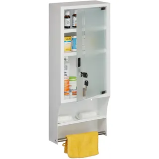 Relaxdays Medizinschrank, Glastür, abschließbar, 4 Fächer, HBT 65x27x12 cm, für Medikamente, Arzneischrank hängend, weiß, Stahl, 65 x 12 cm