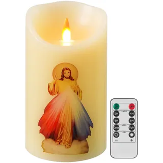 QQFCTOO Flammenlose LED-Gebetskerze mit Fernbedienung, batteriebetriebene Kerze, religiöse Kerze, echtes Wachs, für Zuhause, Altar, Kirche, Andachtskerze, 15,2 x 8,1 cm (Jesus
