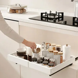 Küchenschrank-Organizer - Ausziehbares Gewürzregal - XXL - 3 Ebenen - Teleskopisch 32–52 cm - Stahl - Hellgelb