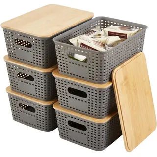 Sagittar 6er-Set Aufbewahrungsbox mit Bambus Deckel, Imitierter Rattan Kunststoff Aufbewahrungskorb, Stapelbare Aufbewahrungsboxen, Organizer Ideal für Büro, Kleiderschrank (Grau)