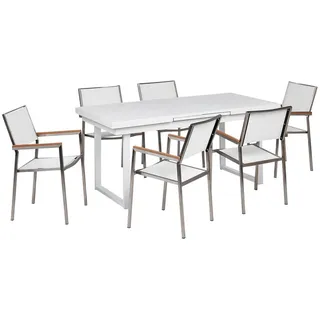 Beliani Gartenmöbel-Set, weiß Aluminium, Edelstahl, Ausziehbarer Esstisch, 6 Sitzer, Outdoor-Möbel, modern - Weiß, Silberfarben , Metall, Gartenmöbel, Gartenmöbel-Sets