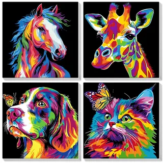 Lxmsja 4 Stück Malen Nach Zahlen Erwachsene Kinder mit Rahmen, Malen Nach Zahlen Animaux Colorés, Diy Set Erwachsene mit Pinseln und Acrylfarben Handgemalt Ölgemälde Leinwand für Home Décor, 20x20cm