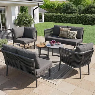 Gartenlounge-Set für 5-6 Personen,Großes Outdoor Sofa Set, 6-teiliges PE-rattan Sitzgruppe mit wasserfester Sitzbank und Kissenset für Terrasse Balkon - Grau