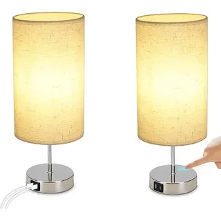 ZMH Nachttischlampe 2er set Touch Weiß Vintage E27 Chrom mit USB Ladefunktion Warmweiß  Dimmbar Schreibtisch mit Stoff Lampenschirm für Schlafzimmer - Beige