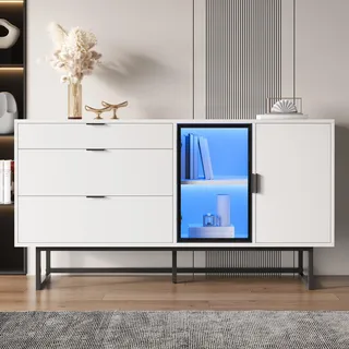 Merax Multifunktional Sideboard mit LED-Beleuchtung, Kommode mit 3 Schubladen und Glastüren, moderner Esszimmerschrank mit Metallstützen, Weiß - Weiß