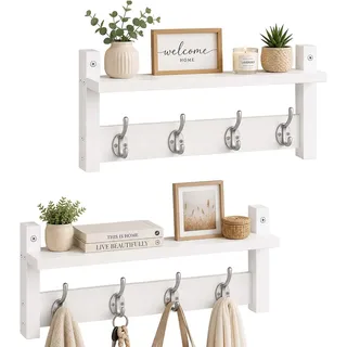 Relaxdays Wandgarderobe, 2er Set, je 4 Doppelhaken, weiß | HxBxT: 19,5 x 40 x 11 cm, Garderobenleiste mit Hutablage