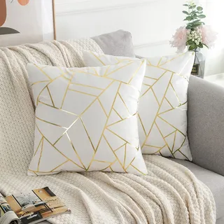 ETOLISHOP Kissenbezug Weiß Kissenbezug Samt Kissenhülle 50x50cm Deko Kissenbezüge Dekokissen Quadratische Dekorative Gold Linien Geometrie für Sofa Schlafzimmer Outdoor Zierkissen Bezug 2er Set