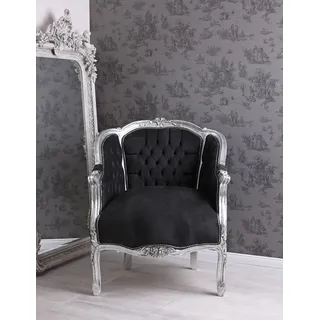 Ohrensessel Bergere Barocksessel Armlehnstuhl Schwarz Silber Kaminsessel Antik