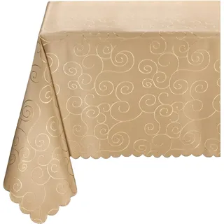 BEAUTEX Tischdecke Damast Ornamente - Bügelfreies Tischtuch - Fleckabweisende, Pflegeleichte Tischwäsche - Tafeltuch, Rund 160 cm, Cappuccino