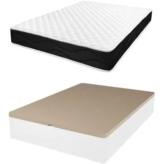 amuéblate online Viskoelastische Matratze Venus wendbar + aufklappbares Bettgestell aus Holz, großes Fassungsvermögen, Weiß, 150 x 200 cm