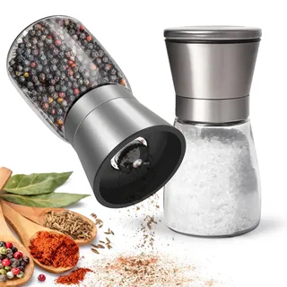 KitchenBoss Salz und Pfeffermühle 2er Set:Gewürzmühle Einstellbar Salzmühle für Grobes Salz, Salt and Pepper Grinder mit Keramikmahlkern, für Salz, Pfeffer, Chilli (Unbefüllt)