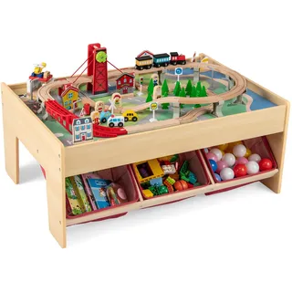 FANTASK 94-teiliges Holz Aktivitätstisch, Spieltisch mit 2 wendbaren Tischplatten, 3 Stoffschubladen, 2 in 1 Eisenbahn-Set zum Spielen für Kinder ab 3 Jahren, Natur