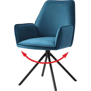 Mendler Esszimmerstuhl HWC-G67, Küchenstuhl Stuhl mit Armlehne, drehbar Auto-Position, Samt FSC® ~ türkis-blau, Beine schwarz