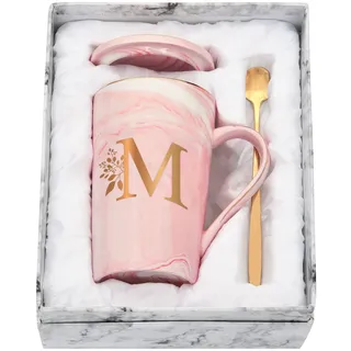 Joymaking Personalisierte Tasse mit Buchstaben Kaffeetasse mit Blumen Motiv, Namen Initiale persönliche Geschenke Kaffeetasse für Frauen Freundin, M - 400ml Rosa