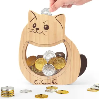 Foyucool Spardose Kinder Holz, Personalisiert Sparschwein für Jungen Mädchen, Verdickte Tierspardose für Münzen und Bargeld, mit DIY Aufkleber, für Geburtstag und Festival, Katze