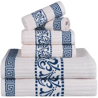 Superior 6-teiliges Handtuch-Set, griechisches Muster, saugfähig, Premium-Baumwolle, Dekoration für Badezimmer, Spa, inkl. 2 Hand, Athen-Kollektion, elfenbeinfarben-Marineblau
