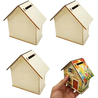 duoyif Holz Spardose Haus 3 Stück Sparschwein Holzhaus 10,5 x 10 x 5,5 cm | Spardose Blanko Hausform Unbemalt Deko Für DIY Basteln Dekoration Geldgeschenk Sparen Geschenk