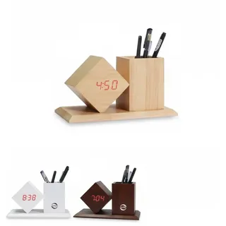 Wecker Digital Multifunktional Mit Federhalter Holz LED Temperatur USB 06725