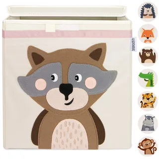 GLÜCKSWOLKE Kinder Aufbewahrungsbox - 15 Motive I Spielzeugkiste mit Deckel für Kinderzimmer I Spielzeug Boxen (33x33x33) zur Aufbewahrung im Kallax Regal I Waldtiere Motiv Waschbär