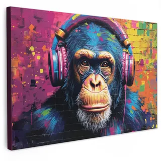 MuchoWow Leinwandbild Graffiti - Schimpanse - Straßenkunst - Kopfhörer - Affe Wanddeko 90x60 cm , Blau , Textil , Kiefer , Rechteckig , 90x60 cm , FSC 100% , gerahmt , Bilder & Rahmen, Bilder, Leinwandbilder