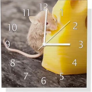 Wallario Design Wanduhr Süße Maus knabbert an einem Käse in der Küche aus Aluverbund, Größe 30 x 30 cm - Gelb