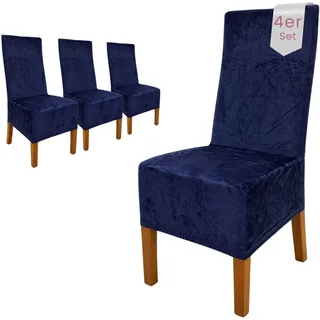 Scheffler Home Stuhlhussen Samt Blau 4er Set Puma – Elastische Stuhlbezüge für Hochlehner und Polsterstühle – Waschbar und formstabil