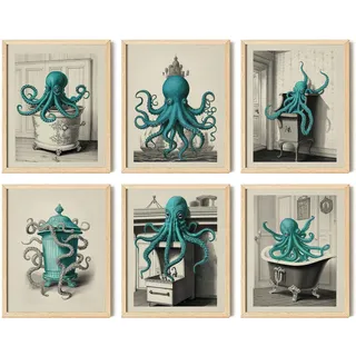 97 Decor Vintage-Oktopus-Dekor, Oktopus-Badezimmer-Dekor, nautische Oktopus-Wandkunst, Oktopus-Poster, Meeresmonster-Kunstwerk-Bilder für Heimdekoration (20,3 x 25,4 cm, ungerahmt)