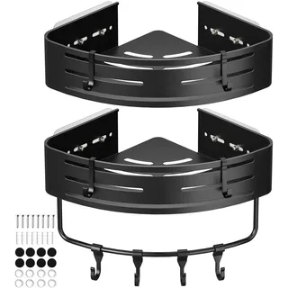 Euqvunn Duschablage Ohne Bohren, 2 Stück Wasserdicht Rostfrei Duschregal Ecke mit 8 Tragbar Haken, Shampoo Halterung für Dusche, Badezimmer Regal für Badezimmer und Küche (Schwarz)