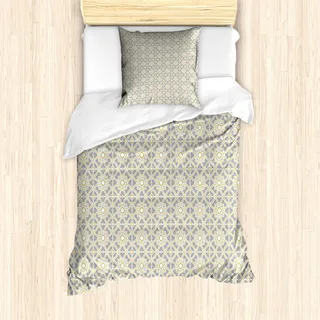 ABAKUHAUS Ethnisch Mantele, Azulejos Entwurf, Milbensicher Allergiker geeignet mit Kissenbezügen, 135 cm x 200 cm - 80 x 80 cm, Taupe Beige - Beige