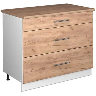 Vicco Küchenunterschrank Fame-Line, Goldkraft Eiche/Weiß, 100 cm, AP Eiche , Honigeiche, Weiß , Holzwerkstoff , 3 Schubladen , Rechteckig , 100x82x60 cm , Küchen, Küchenmöbel, Küchenschränke, Küchenunterschränke