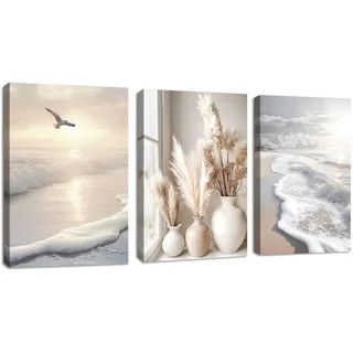 3Pcs Boho Beige Pampasgras Bilder Set, Modern Küstenlinie Landschaften Wandbilder mit Rahmen, Modern bild auf Leinwand Wandkunst Kunstdruck Deko für Wohnzimmer Schlafzimmer Küche Esszimmer 40x60cmx3