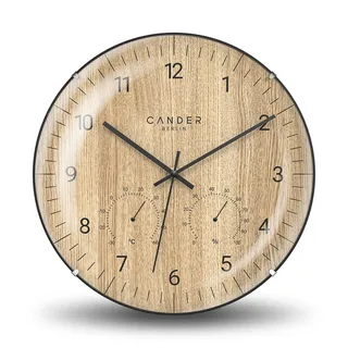 Cander Berlin MNU 2730 X Wanduhr Holz lautlos 30 cm Temperatur Luftfeuchtigkeit modern Eichenfurnier ohne Tickgeräusche analog