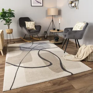 Teppich Wohnzimmer Kurzflor Abstraktes Muster Geometrisch Bogen Grösse 160x230 cm - Creme