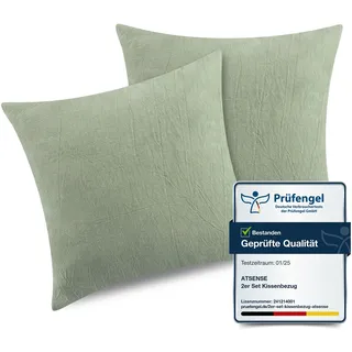 ATsense 2er Set Kissenbezug 50x50 cm - 100% Gewaschene Baumwolle, Hellgrün Kopfkissenbezug mit Reißverschluss, Oeko-TEX Zertifiziert Weich, Nicht Lleicht Verformbar