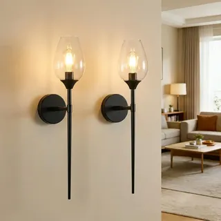 2er Set Wandleuchte LED Innen Moderne Weinglas Design Wandlampe Schwarz mit langem Arm Nachttischlampe für Wohnzimmer Korridor Treppen, Warmweiß 61cm - Schwarz