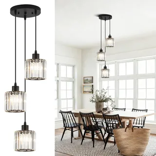 LXWNYY Modern Kristall Pendellampe Hängelampe, 3-flammige Cluster Pendelleuchte Esstisch Kristall Kronleuchter, Hängeleuchte aus Metall in schwarz, Esszimmerlampe hängend Wohnzimmerlampe, E27 Fassung