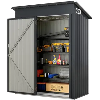 FANTASK Gartenhaus Metall, 150 x 90,5 x 185 cm/1,5 m3, Gartenschrank abschließbar mit Pultdach & Tür, Outdoor Geräteschuppen, Garten Schuppen (Dunkelgrau)