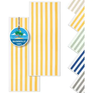 ZOLLNER 2er Set Strandtücher - strapazierfähige und saugstarke Badetücher in 70x180 cm - waschbar bis 95°C - Baumwolle - Zeitloses Streifenmuster in gelb - Oeko Tex® Zertifiziert