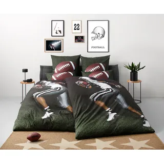 Bettwäsche OTTO HOME "Joonas", grün, B/L: 135cm x 200cm, 1 Stk., 1 Stk., Renforcé, B/L: 80cm x 80cm, 2 Stk., Renforcé, Obermaterial: 100% Baumwolle, Bettwäsche, Bettwäsche, Fußball, American Football
