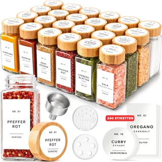 EDELHAUS Gewürzgläser Eckig Set mit Bambusdeckel (24 x 120ml) Gewürzstreuer mit Streueinsatz und 240 Etiketten Weiß - Holzdeckel Gewürzbehälter, Gewürzdosen, Gewürze organizer [11cm x 4,5cm]