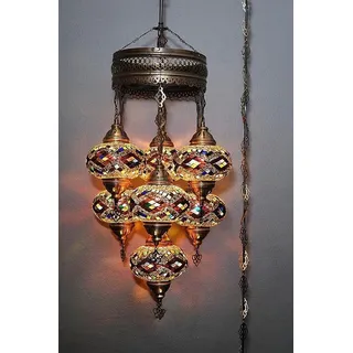 7-globige Hängelampe aus braunem Mosaikglas - Türkische Hängelampe mit 7 Mosaikglaskugeln - Orientalische Deckenleuchte - Braun, Bunt