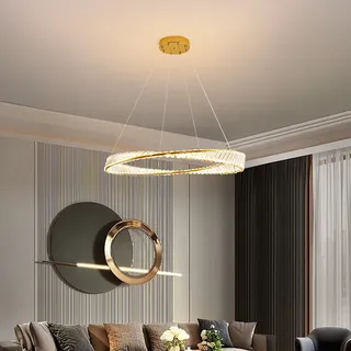 LED Pendelleuchte 3016-800 große Kristall klar mit Fernbedienung Lichtfarbe warmweiß,neutralweiß bis kaltweiß stufenlos einstellbar dimmbar vergoldete Metallrahmen Höhe verstellbar 120cm - Transparent